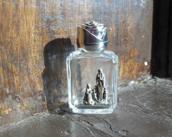 Holy Water Glass Bottle, Our Ladt of Fatima Emblem, Screw Floral Closure