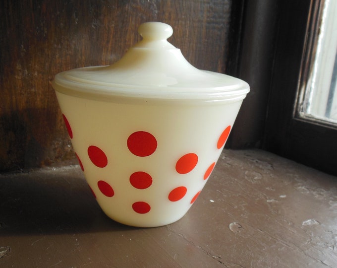 Red Dot Fire King Grease Jar With Lid, Vintage Milk Glass 1950s Etsy