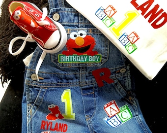 Elmo födelsedagsoveraller, personlig 1-års födelsedagsoutfit + gratis tröja (alla åldrar)