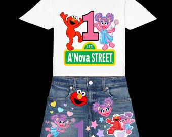 Conjunto de cumpleaños de Elmo y Abby Cadabby: mono, falda y vaqueros. Conjunto de cumpleaños personalizado + camiseta de regalo.