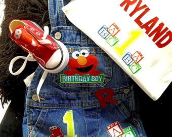 Elmo Birthday Overalls, Personalized 1st Birthday Outfit + Free Shirt ( Any Age)