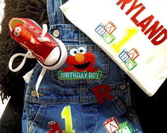 Elmo Birthday Overalls, Personalized 1st Birthday Outfit + Free Shirt ( Any Age)