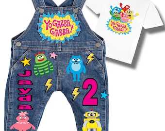 Conjunto de cumpleaños de Yo Gabba Gabba: mono, falda y vaqueros, conjunto de cumpleaños personalizado + camiseta gratis.