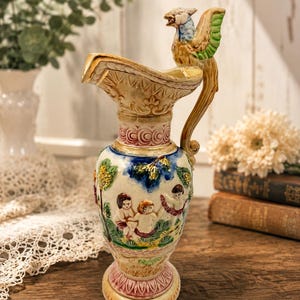 Vintage Hansi Japan Cherub Vase Pitcher | Mid Century Japanese Ceramic Ewer