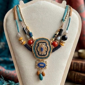 Vintage 1980s Runway Statement Necklace - Chunky Multi-Strand Boho Beaded Medallion, Dramatic Mixed Media Tribal Bib, 18"