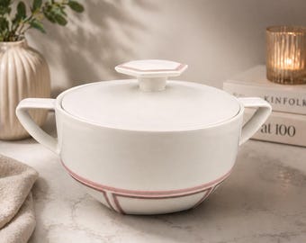 Vintage West German Pottery Covered Casserole Dish - Mid-Century Modern Grey & Pink Stoneware Tureen