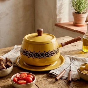 May include: Yellow ceramic fondue pot with a matching lid and saucer, featuring a dark floral pattern. The pot has a wooden handle and knob. The image also shows small bowls of food, forks, and a bottle of oil, suggesting a dining setting.