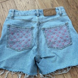 Upcycled Denim Shorts with Sashiko Stitching - Hand Embroidered size 4