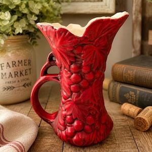 Vintage USA Pottery Grape Vine Vase, Red Art Pottery Pitcher, Raised Grape Cluster Relief, Vineyard Harvest Vase