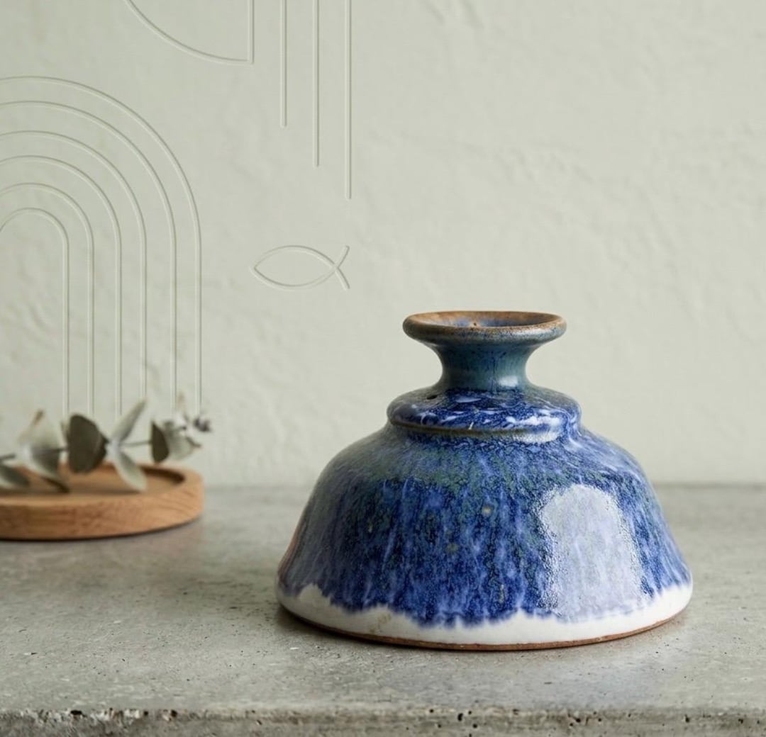 Vintage Studio Pottery Bud Vase - Artist Signed Fish Mark - Blue Rutile ...