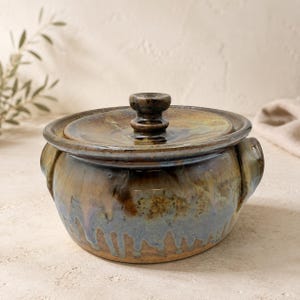 Vintage Signed Studio Pottery Casserole Dish With Lid Handmade Stoneware Brown Blue Drip Glaze Rustic Art Pottery 1990
