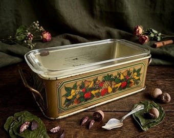 Vintage 1981 Teleflora Pyrex Loaf Pan Set - Complete Fruit Harvest Caddy with Pyrex 213 1.5 Qt Glass Dish - Made in England - Harvest Gold