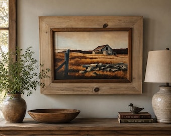 Pintura original de Owen Wexler sobre tabla, estilo granero. Arte rural vintage de mediados de siglo.