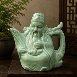 May include: A celadon ceramic teapot, sculpted in the form of a seated figure with a long beard and hat. The teapot features a dragon-shaped handle and is presented on a dark wooden stand. This is a decorative item.