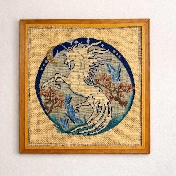 Vintage Unicorn Textile Art | 1970s Hand-Hooked, Embroidered Fiber Tapestry