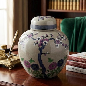 May include: A beige ceramic ginger jar with a lid, featuring a painted floral design with purple and white blossoms and a dark blue tree trunk. The jar has a blue band with a geometric pattern around the top.