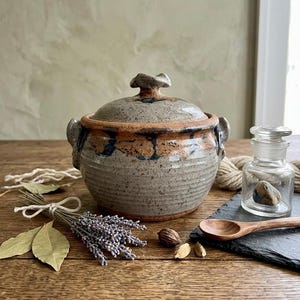 Jarra de cerámica vintage con tapa – Cazuela de gres moteado con asas onduladas orgánicas – Tarro artesanal hecho a mano.