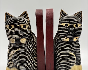 Vintage Hand-Carved Wooden Cat Bookends | Folk Art Feline Book Holders | Mid-Century Style Primitive Cat Statues | Set of 2