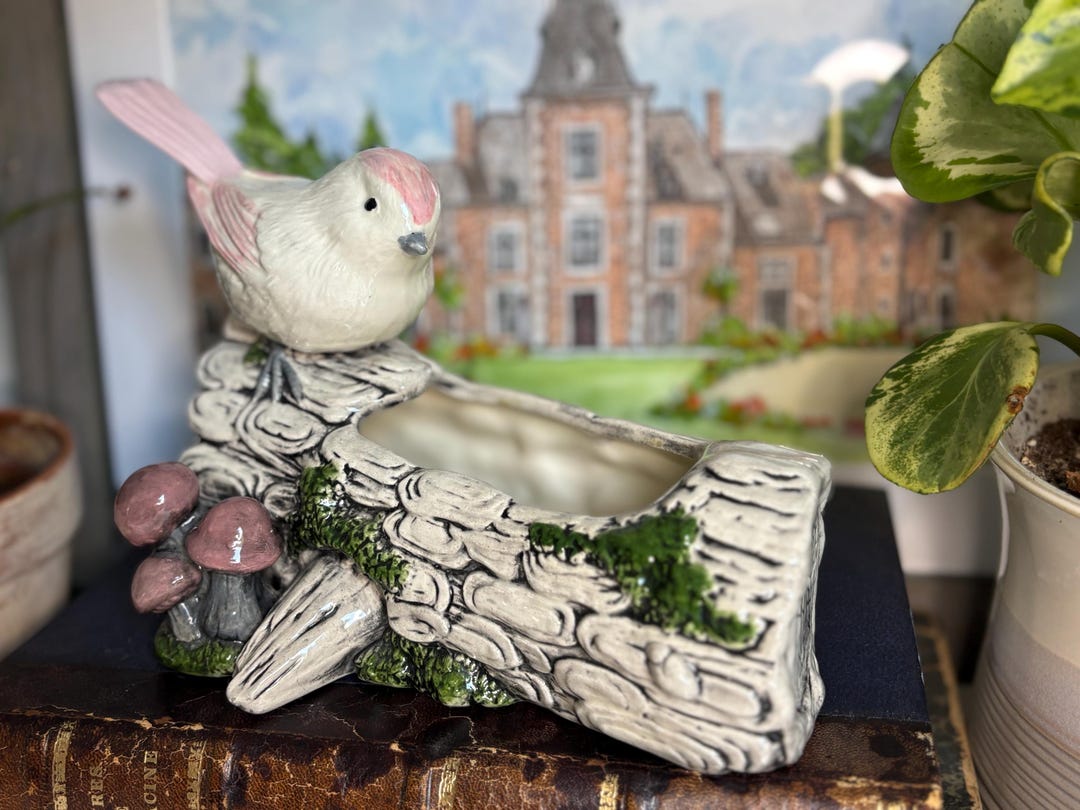 Vintage Signed Marvel Ceramic Bird Planter - Woodland Log & Mushroom ...