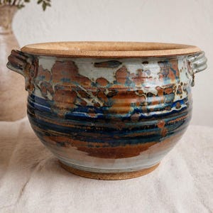 Studio Pottery Hand-Thrown Stoneware Crock – Multi-Glaze Ribbed Planter / Serving Bowl with Handles