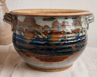 Studio Pottery Hand-Thrown Stoneware Crock – Multi-Glaze Ribbed Planter / Serving Bowl with Handles
