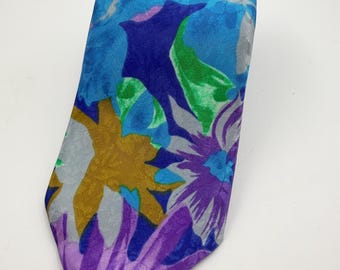 Corbata de seda Etienne Caron de los años 90 - Estampado floral abstracto maximalista - Corbata de diseño llamativa y colorida - 155 cm de largo
