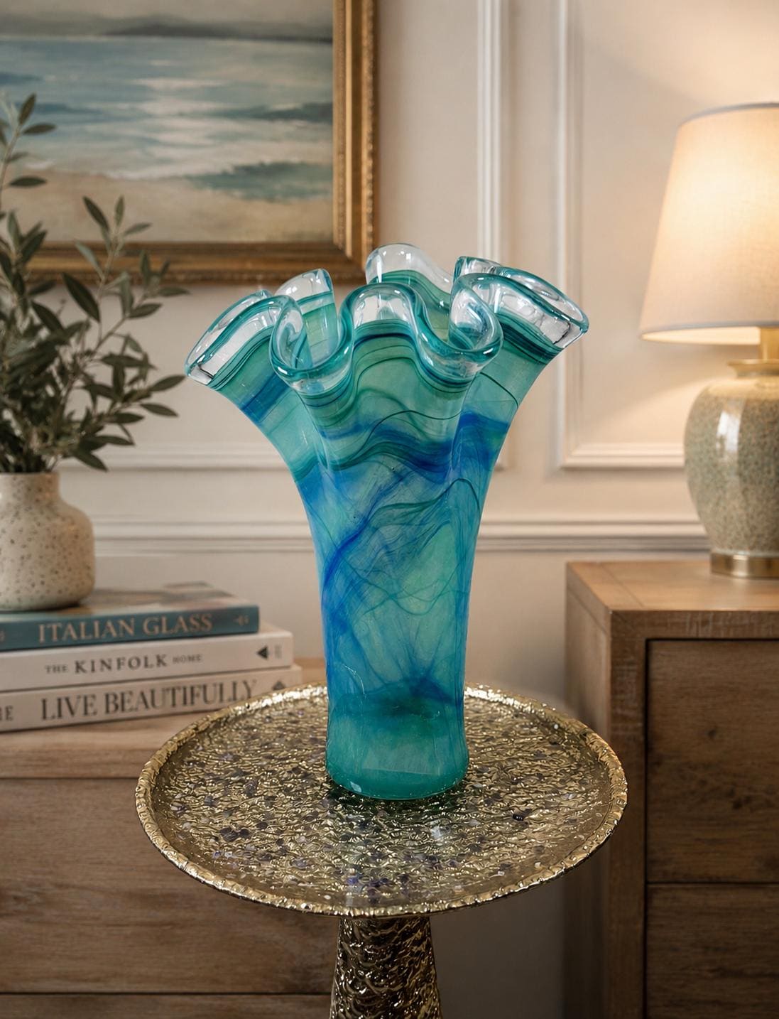 Murano Vase Ruffled Blue - Etsy