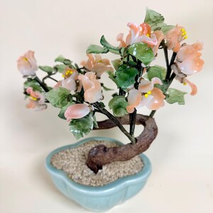 Árbol bonsái de cristal de jade vintage con flores / Maceta de celadón para decoración estilo chinoiserie