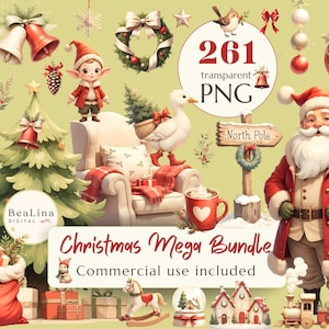 Può includere: Un pacchetto digitale a tema natalizio con vari elementi, tra cui Babbo Natale, un elfo, un'oca, ornamenti, un albero di Natale e regali. L'immagine include il testo "Christmas Mega Bundle" e "Commercial use included."