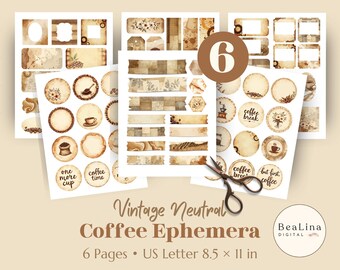 Coffee Ephemera Vintage Printable Junk Journal Sheets Neutral Beige JPG PNG