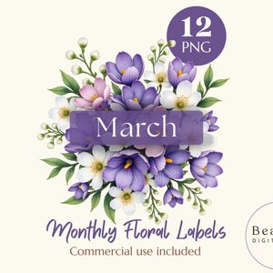 Op de afbeelding: Een digitale afbeelding met een boeket paarse en witte krokussen rondom een paars rechthoekig label met de tekst March. Bovenaan staat een paarse cirkel met 12 PNG. Onderaan staat de tekst Monthly Floral Labels en BeaLina DIGITAL.