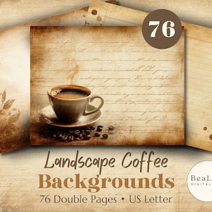 May include: A collection of digital paper backgrounds featuring vintage-style parchment textures with coffee-themed imagery, including a steaming cup of coffee, scattered coffee beans, and cursive script text, labeled with the number 76.