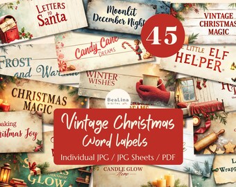 Christmas Word Labels – Vintage Xmas Ephemera | Holiday Word Strips (PNG JPG PDF)