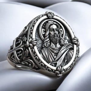Jesus Christ IHS Cross Signet Ring, Christian Religious Ring For Men, Catholic Jewelry Gift, Sacred Heart Inspired Ring,Faith Statement Band