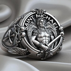 Handcrafted Silver Saint Michael Archangel Ring, Shield and Sword Christian Jewelry For Men, Religious Statement Ring, Faith-Inspired Gift