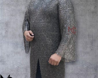 Medieval Chainmail Hauberk: 9mm Riveted Mild Steel, Brass Trim - SCA LARP Knight Armor
