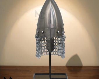 Mini casco nasal: réplica de casco medieval hecho a mano con cota de malla / Objeto de decoración para el hogar coleccionable