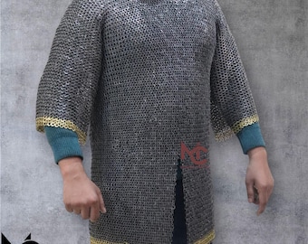 Medieval Chainmail Hauberk: 9mm Riveted Mild Steel with Brass Trim