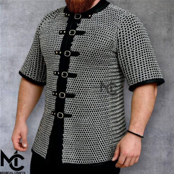 Medieval Chainmail Hauberk: 9mm Mild Steel, Brass Trim - SCA LARP Armor