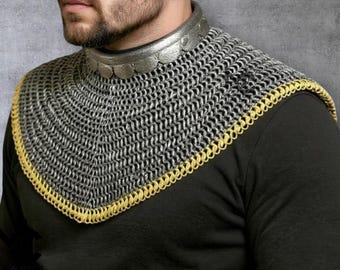 Blackened Steel Chainmail Collar: Brass Border, Riveted Armor - LARP, Cosplay