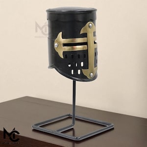 Mini Crusader Knight Helmet – Black with Brass Cross  Historical Armor Replica with Display Stand | home decor