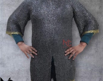 Medieval Chainmail Hauberk: 9mm Riveted Steel with Brass Trim - SCA LARP Armor