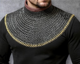 Blackened Steel Chain Mail Collar with Brass Border - SCA LARP Cosplay