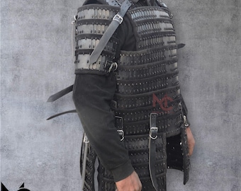 Blackened Steel Lamellar Armor with Tassets: Handmade Medieval Body Armor