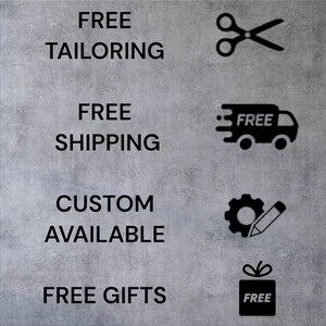 May include: Image with text and icons on a grey background. The text includes "FREE TAILORING", "FREE SHIPPING", "CUSTOM AVAILABLE", and "FREE GIFTS". Icons include scissors, a delivery van, a gear with a pencil, and a gift box.