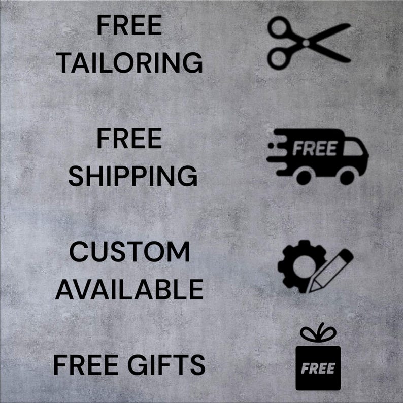May include: Image with text and icons on a grey background. The text includes "FREE TAILORING", "FREE SHIPPING", "CUSTOM AVAILABLE", and "FREE GIFTS". Icons include scissors, a delivery van, a gear with a pencil, and a gift box.