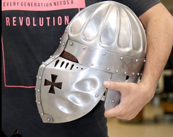 Hand-Forged 16 Gauge Steel Crusader Helmet: SCA LARP Cosplay