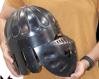 Blackened Steel Crusader Helmet: Medieval Knight SCA LARP Cosplay
