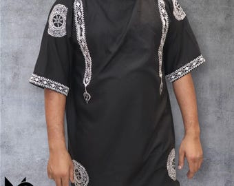 Handcrafted Tunic Viking Tunic FREE TAILORING  Black Cotton Canvas Medieval Garment with White Embroidery