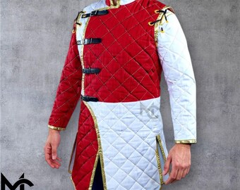 Gambesón medieval bicolor: armadura acolchada de cruzado para LARP y recreación histórica.